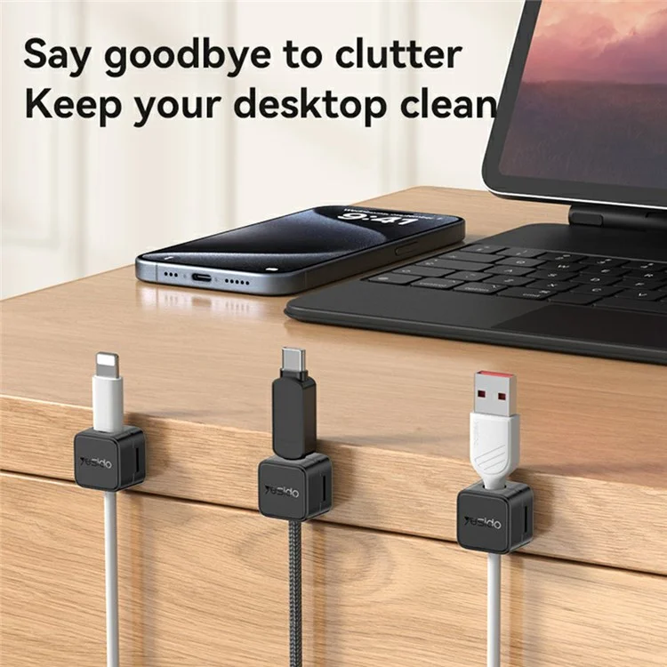YESIDO C216 4 organizadores de cables magnéticos para escritorio, clips de gestión de cables de teléfono - Blanco