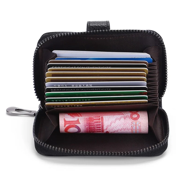 TP-8273 Portable Zipper Wallet RFID Blocking Top Layer Cowhide Leather Card Holder - Black