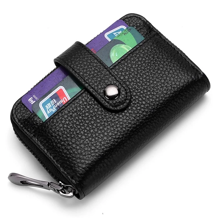 TP-8273 Portable Zipper Wallet RFID Blocking Top Layer Cowhide Leather Card Holder - Black
