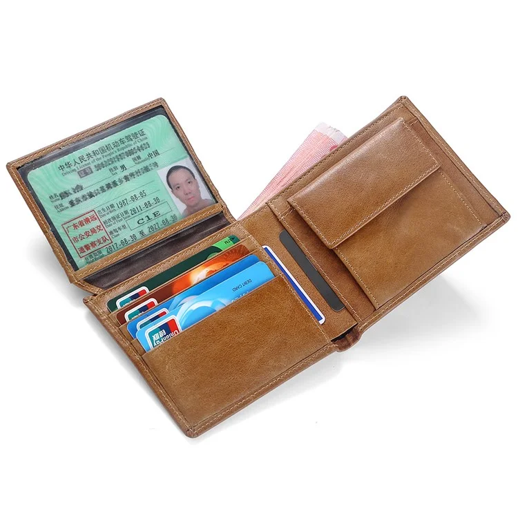 Carteira de couro vintage TP-169 para homens, porta-cartões multifuncional, porta-moedas, RFID antifurto - Marrom