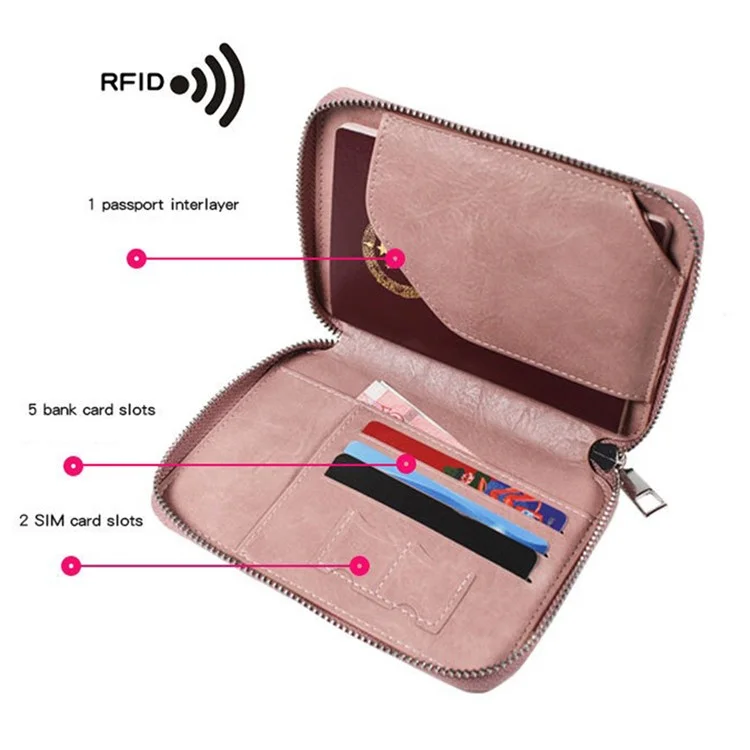 PIERU HJ22101 Обложка для паспорта с RFID-блокировкой, органайзер для наличных и карт, на молнии - Розовый