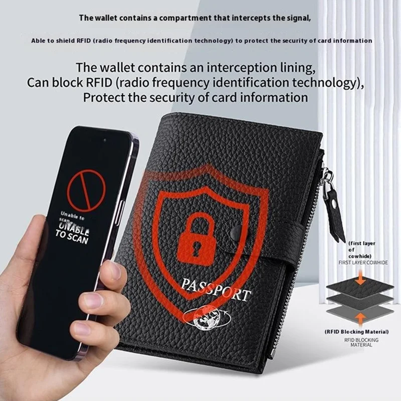 TP-8238 Genuine Leather Travel Passport Holder RFID Blocking Wallet Cards Container - Black