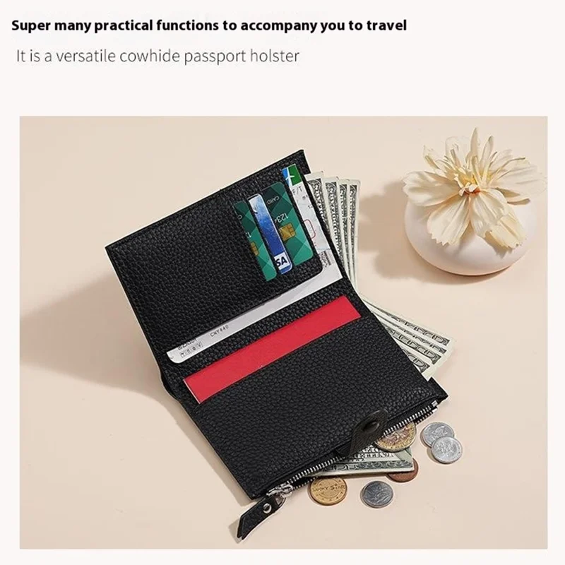 TP-8238 Genuine Leather Travel Passport Holder RFID Blocking Wallet Cards Container - Black