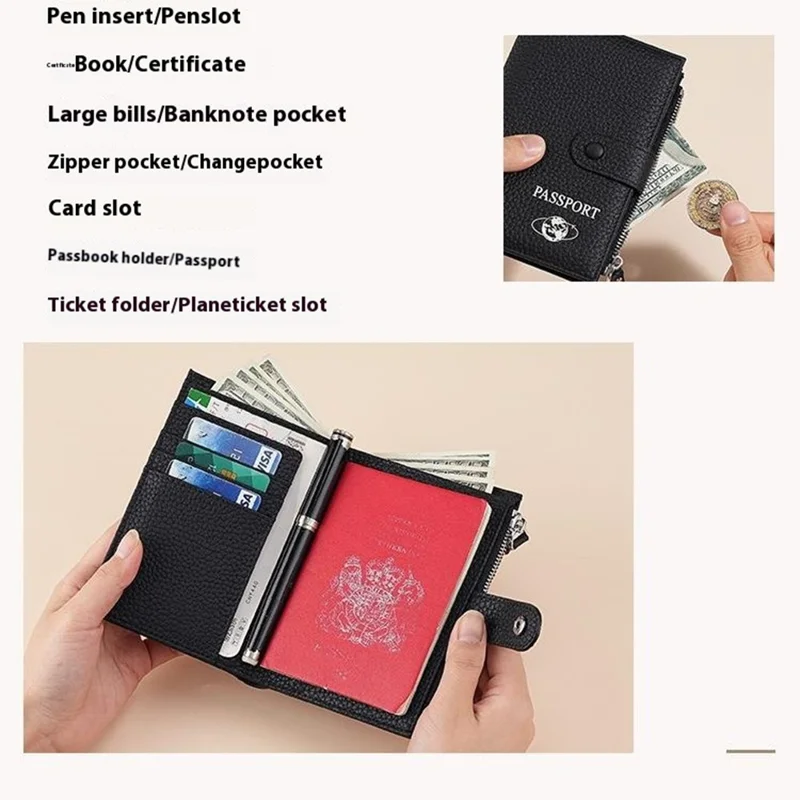 TP-8238 Genuine Leather Travel Passport Holder RFID Blocking Wallet Cards Container - Black