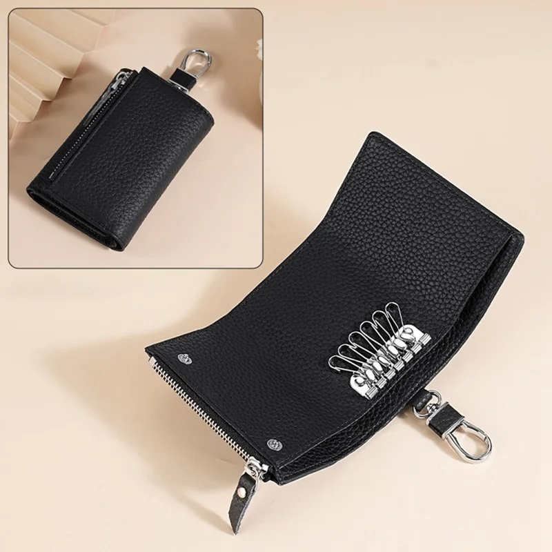 TP-9052 3-in-1 Wallet Coin Purse Card Holder Keys Container Cowhide Leather Litchi Texture - Black
