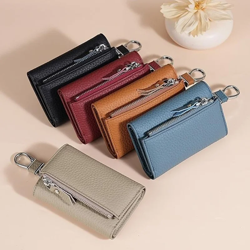 TP-9052 3-in-1 Wallet Coin Purse Card Holder Keys Container Cowhide Leather Litchi Texture - Black