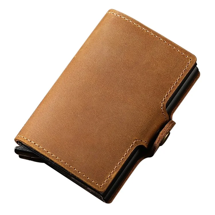 TP-8251 Portafogli Vintage in Pelle Crazy Horse con Doppio Strato, Custodia per Carte in Alluminio con Blocco RFID e Apertura Automatica - Marrone