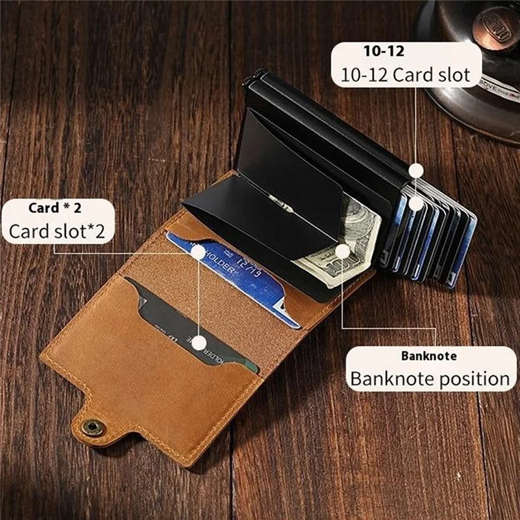 TP-8251 Portafogli Vintage in Pelle Crazy Horse con Doppio Strato, Custodia per Carte in Alluminio con Blocco RFID e Apertura Automatica - Marrone