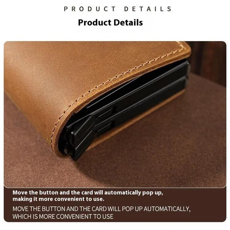 TP-8251 Portafogli Vintage in Pelle Crazy Horse con Doppio Strato, Custodia per Carte in Alluminio con Blocco RFID e Apertura Automatica - Marrone