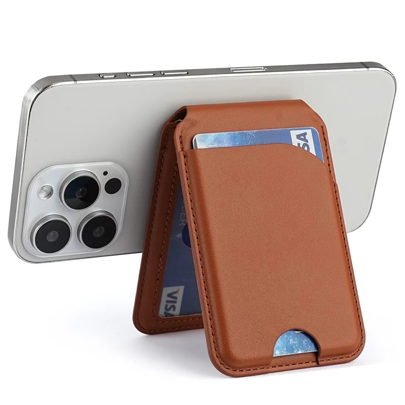 Folding Magnetic Card Holder Kickstand for Cell Phone Back Card Case RFID Blocking - Brown