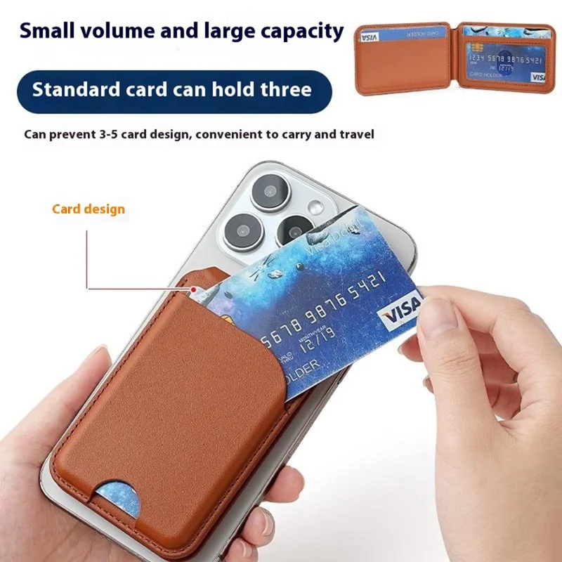 Folding Magnetic Card Holder Kickstand for Cell Phone Back Card Case RFID Blocking - Brown