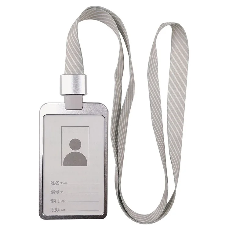 Aluminum Alloy ID Badge Holder with Lanyard Employee Work Card Vertical Case - Silver Stripe / S