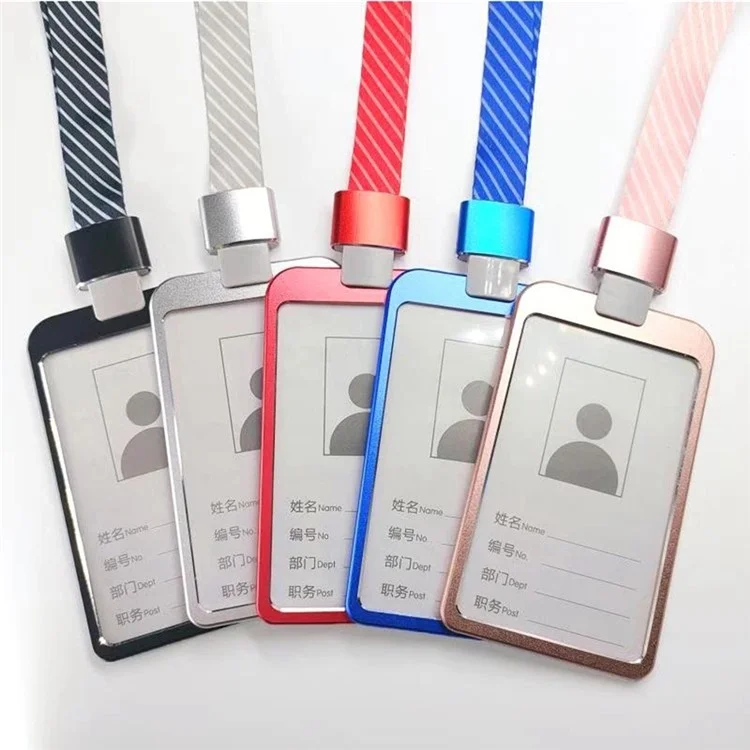 Aluminum Alloy ID Badge Holder with Lanyard Employee Work Card Vertical Case - Silver Stripe / S