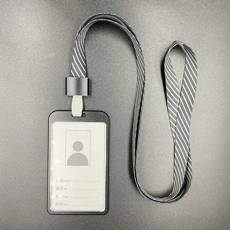 Aluminum Alloy ID Badge Holder with Lanyard Employee Work Card Vertical Case - Black Stripe / S / Hook
