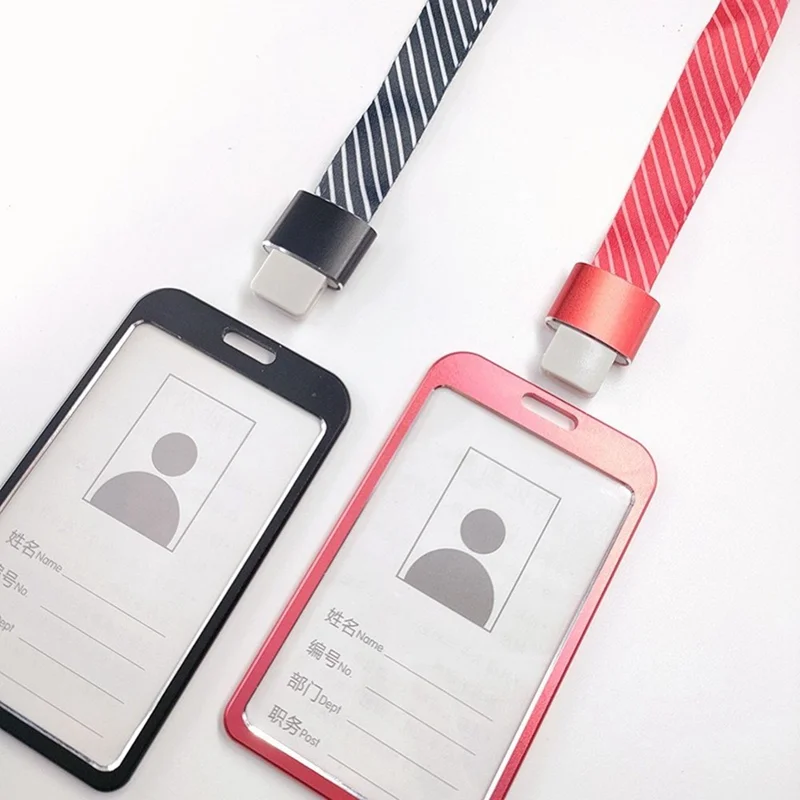 Aluminum Alloy ID Badge Holder with Lanyard Employee Work Card Vertical Case - Black Stripe / S / Hook