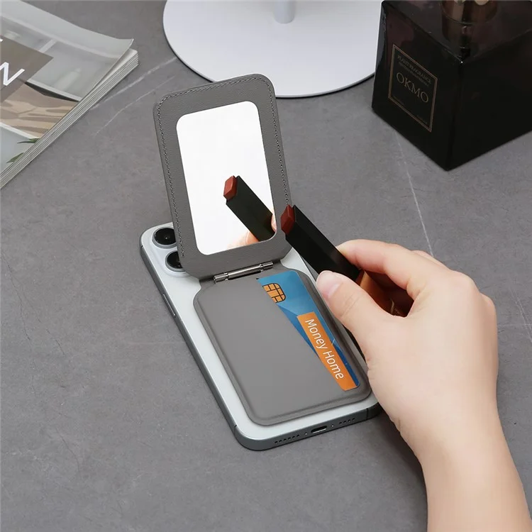 Leather Hinge Mirror Kickstands for Cell Phone Back Magnetic Card Holder Multi-Function Adjustable Angle - Grey