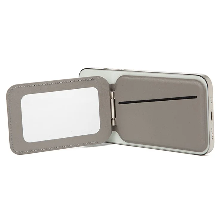 Leather Hinge Mirror Kickstands for Cell Phone Back Magnetic Card Holder Multi-Function Adjustable Angle - Grey