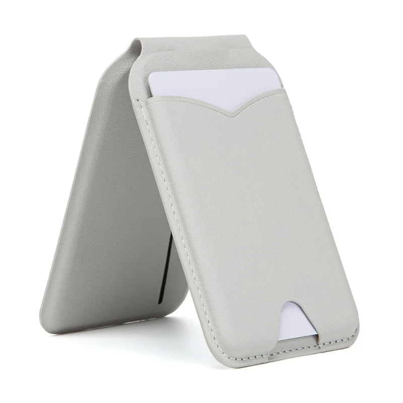 Leather Hinge Mirror Kickstands for Cell Phone Back Magnetic Card Holder Multi-Function Adjustable Angle - Light Grey