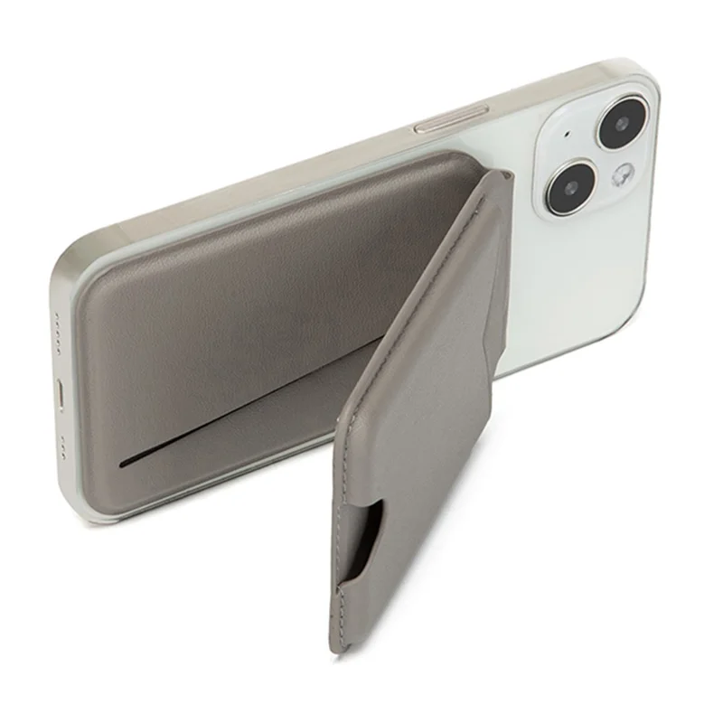 Leather Hinge Mirror Kickstands for Cell Phone Back Magnetic Card Holder Multi-Function Adjustable Angle - Light Grey