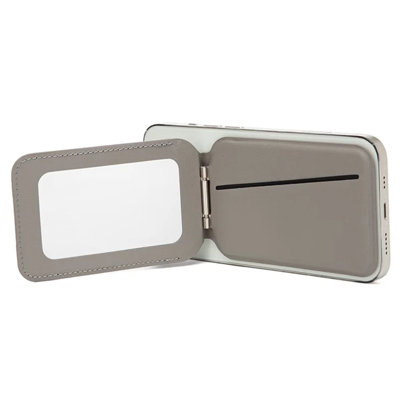 Leather Hinge Mirror Kickstands for Cell Phone Back Magnetic Card Holder Multi-Function Adjustable Angle - Light Grey