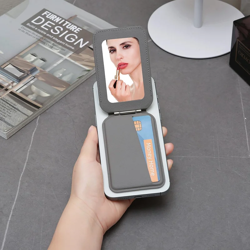 Leather Hinge Mirror Kickstands for Cell Phone Back Magnetic Card Holder Multi-Function Adjustable Angle - Light Grey