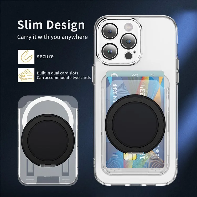 Porta Carte Magnetico Trasparente per Telefono con Supporto Multiangolo Regolabile - Design Scorrevole in Metallo PC - Nero