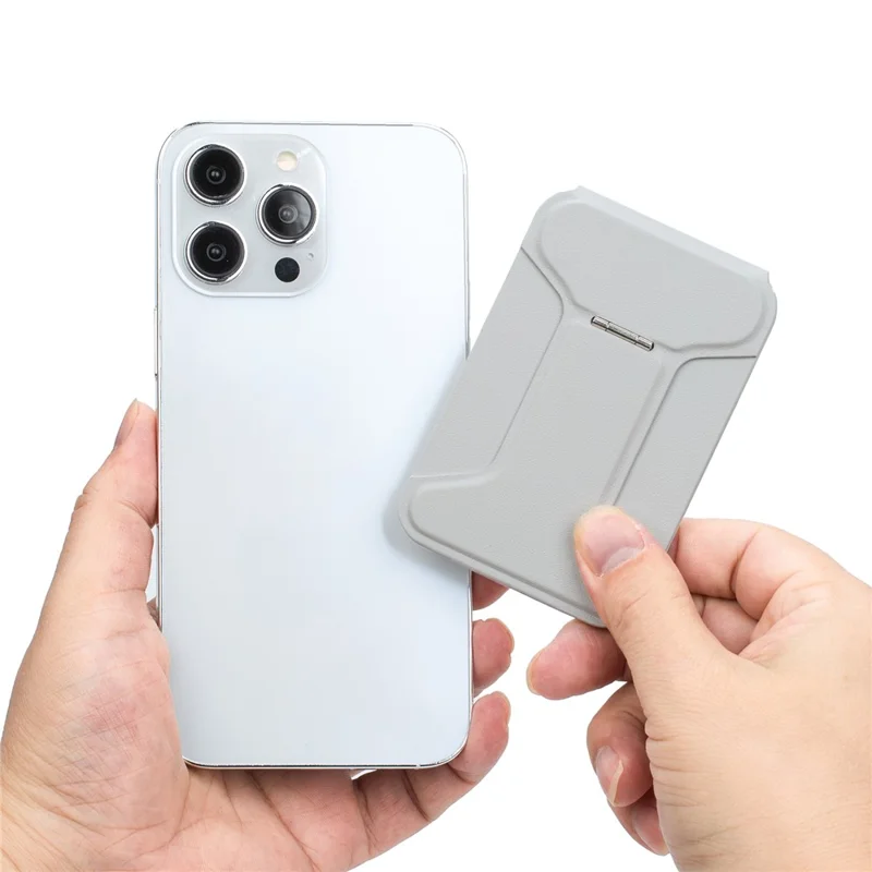 I-Type Kickstand Magnetic Adjustable Angle Metal + PU Leather Handheld Phone Holder Stand - Grey