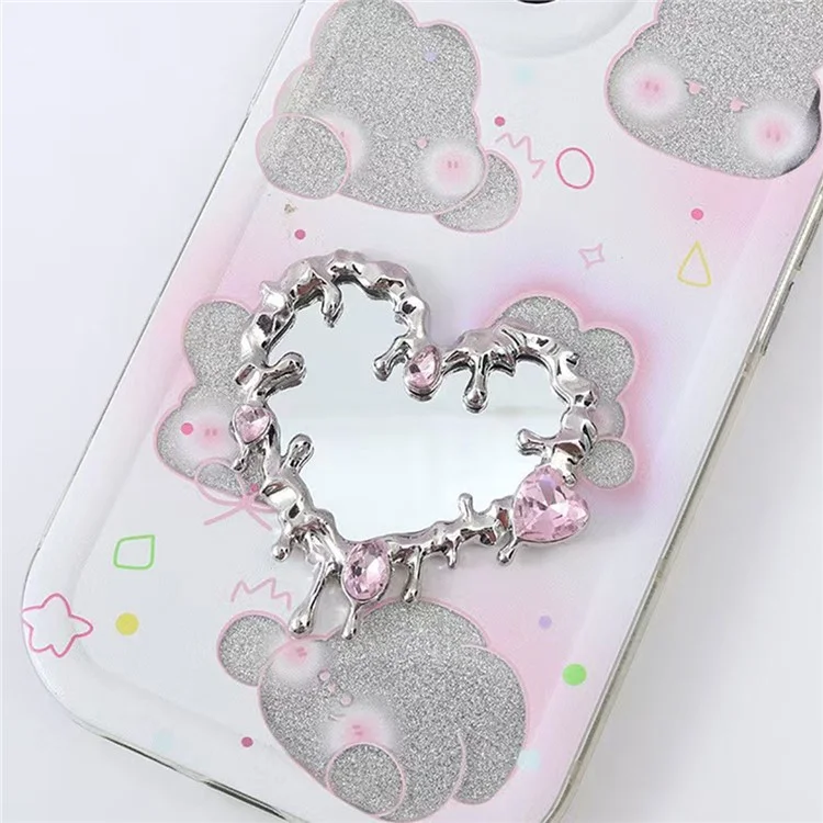 Capa de Celular com Design de Espelho em Formato de Coração, Decorada com Strass Banhados a Prata e Encantos DIY