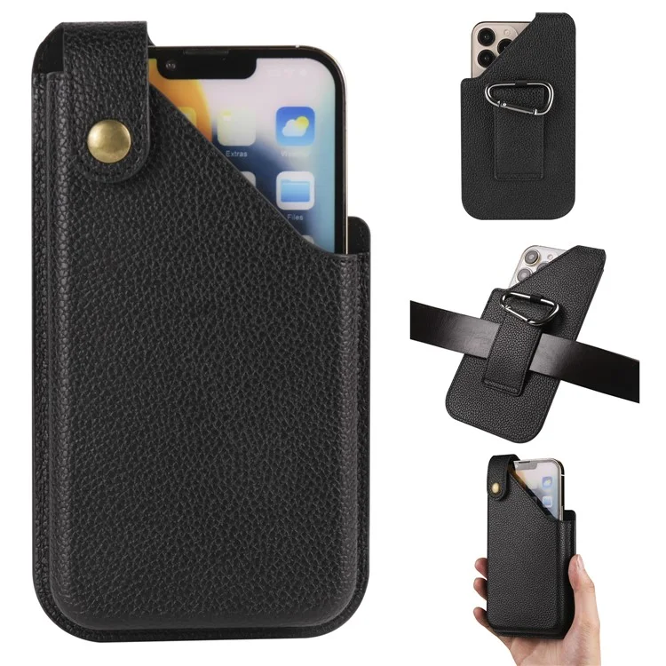 6.7 Inch Cellphone Carrying Pouch Litchi Texture PU Leather Vertical Waist Bag for Outdoor Travel - Black