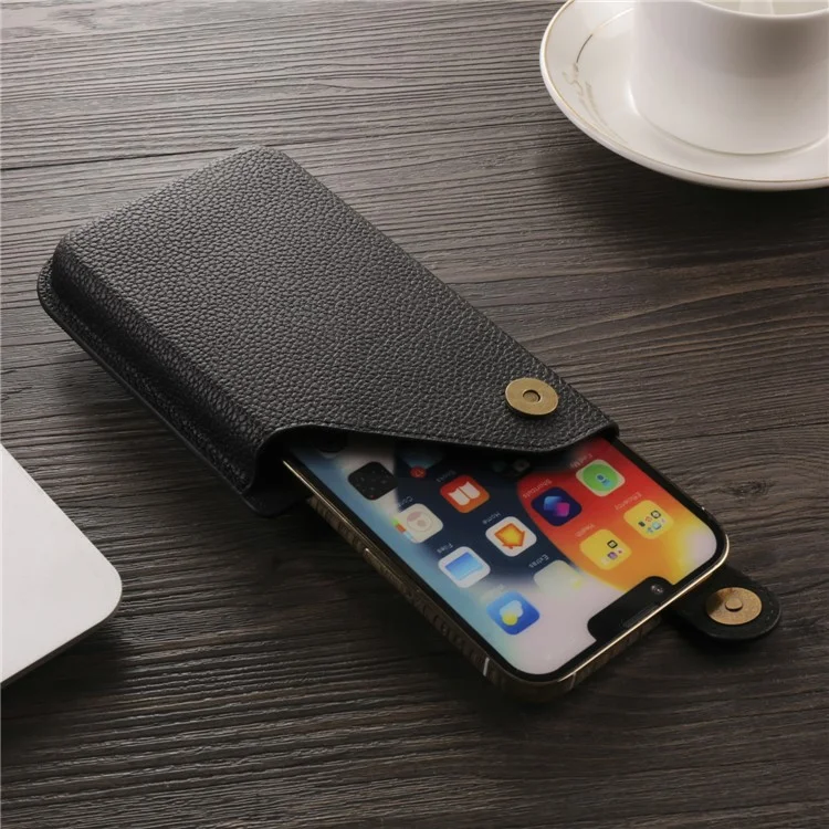 6.7 Inch Cellphone Carrying Pouch Litchi Texture PU Leather Vertical Waist Bag for Outdoor Travel - Black
