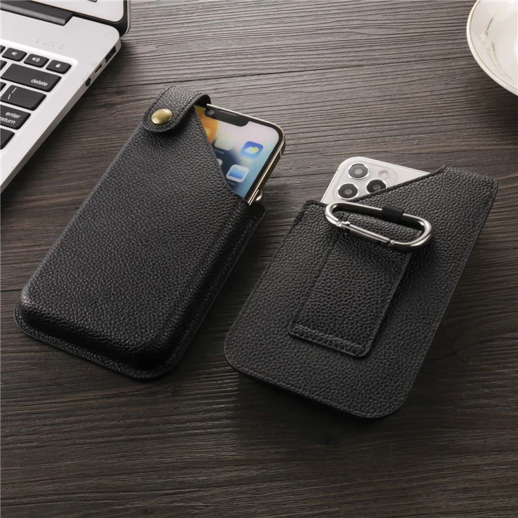 6.7 Inch Cellphone Carrying Pouch Litchi Texture PU Leather Vertical Waist Bag for Outdoor Travel - Black