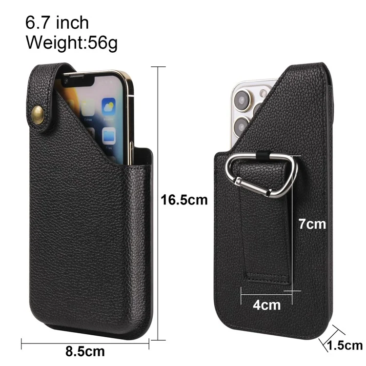 6.7 Inch Cellphone Carrying Pouch Litchi Texture PU Leather Vertical Waist Bag for Outdoor Travel - Black