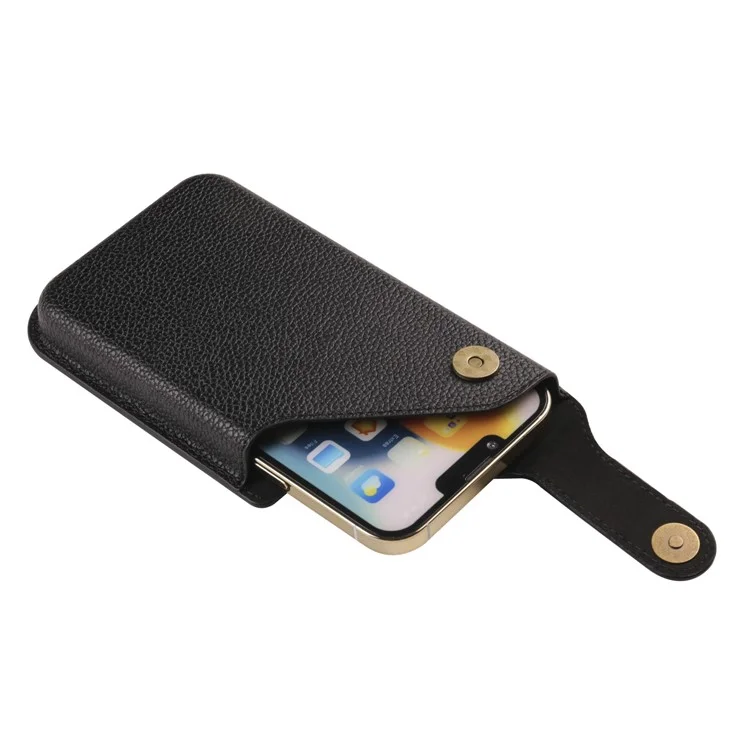 6.7 Inch Cellphone Carrying Pouch Litchi Texture PU Leather Vertical Waist Bag for Outdoor Travel - Black