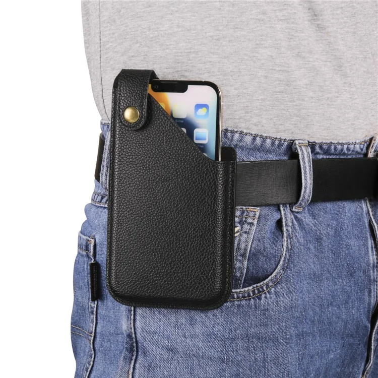 6.7 Inch Cellphone Carrying Pouch Litchi Texture PU Leather Vertical Waist Bag for Outdoor Travel - Black