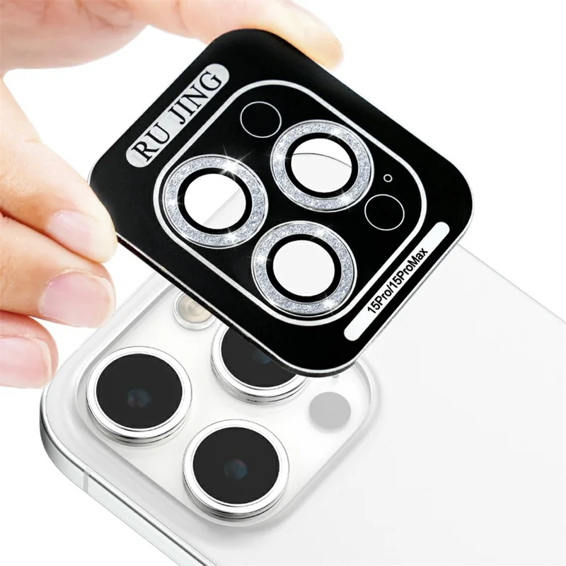For iPhone 16 Pro / 16 Pro Max Camera Lens Protector Glitter Decor Metal Frame Lens Film with Installation Tool