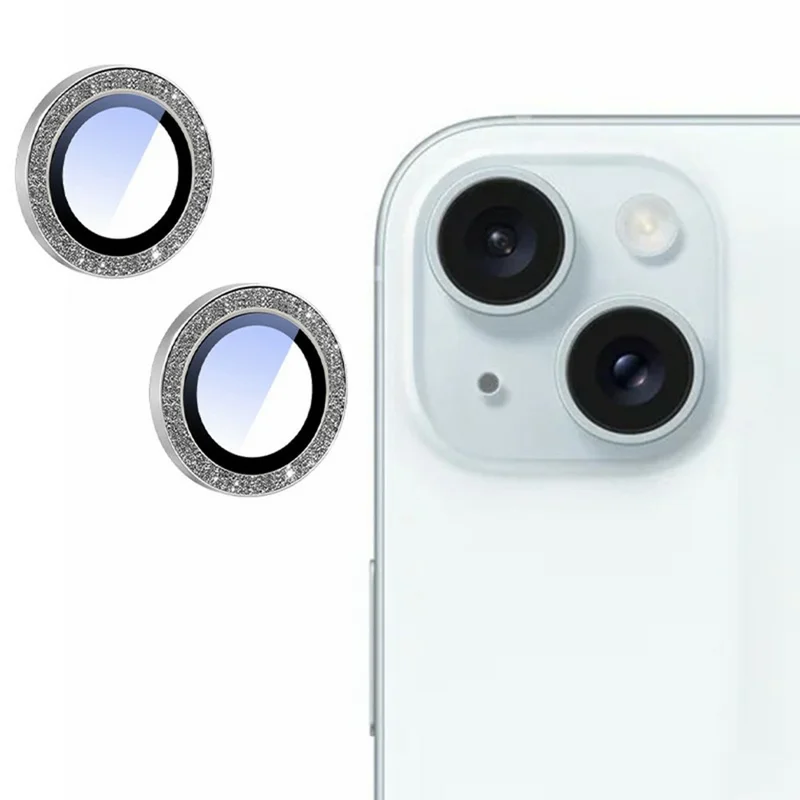 For iPhone 15 / 15 Plus Camera Lens Protector Glitter Decor Metal Frame Lens Film with Installation Tool