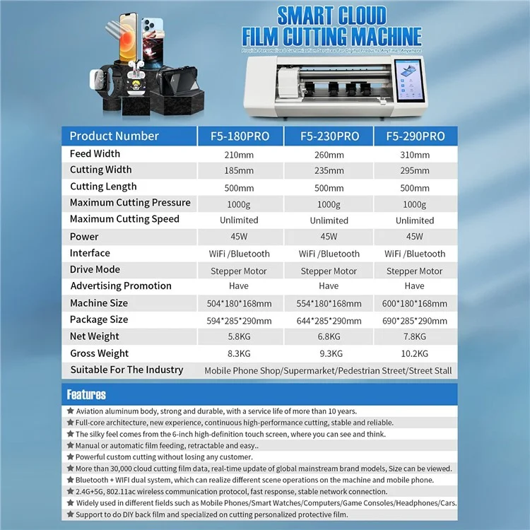 F5-180PRO 11 Inch BT + WiFi Dual System Automatic Film Feeding Cutting Machine for Mobile Phones - EU Plug