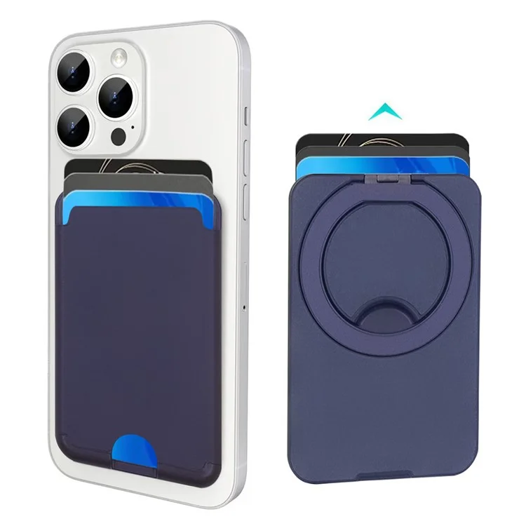 Bulk Purchasing For iPhone Compatible with MagSafe PU Leather Card Holder Rotating Magnetic Ring Kickstand - Navy Blue