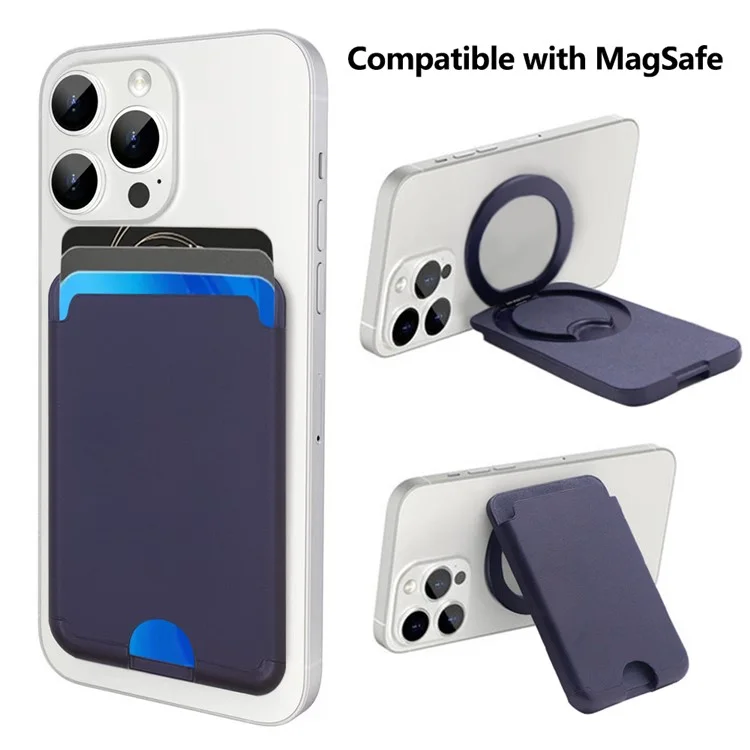 Bulk Purchasing For iPhone Compatible with MagSafe PU Leather Card Holder Rotating Magnetic Ring Kickstand - Navy Blue
