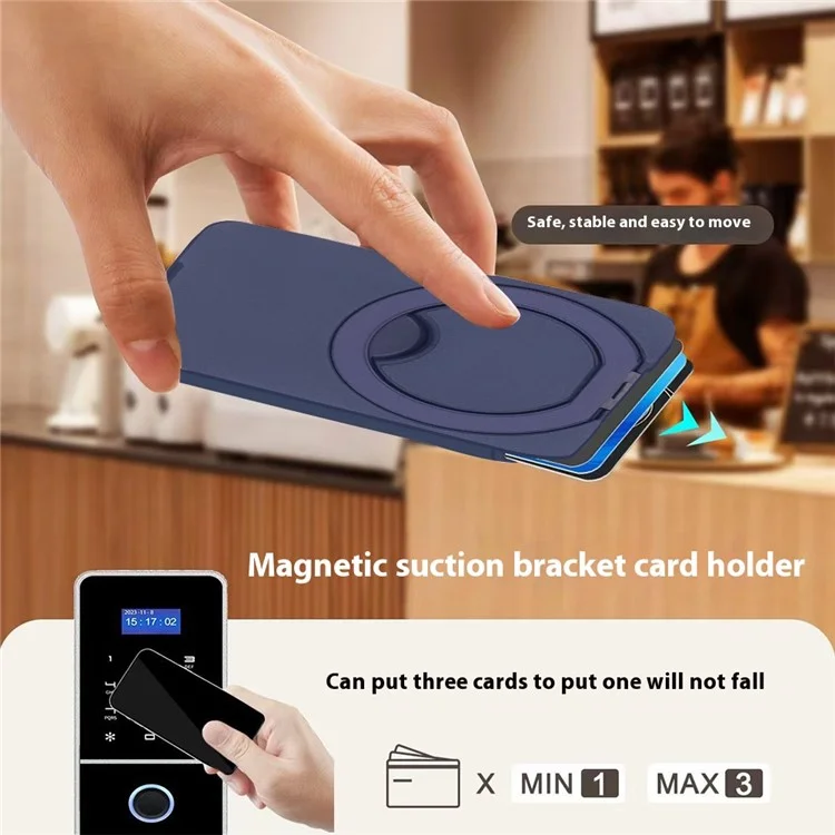 Bulk Purchasing For iPhone Compatible with MagSafe PU Leather Card Holder Rotating Magnetic Ring Kickstand - Navy Blue