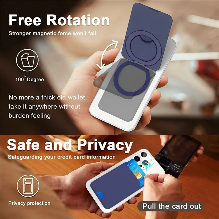 Bulk Purchasing For iPhone Compatible with MagSafe PU Leather Card Holder Rotating Magnetic Ring Kickstand - Navy Blue
