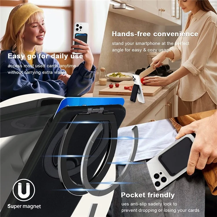 Bulk Purchasing For iPhone Compatible with MagSafe PU Leather Card Holder Rotating Magnetic Ring Kickstand - Navy Blue