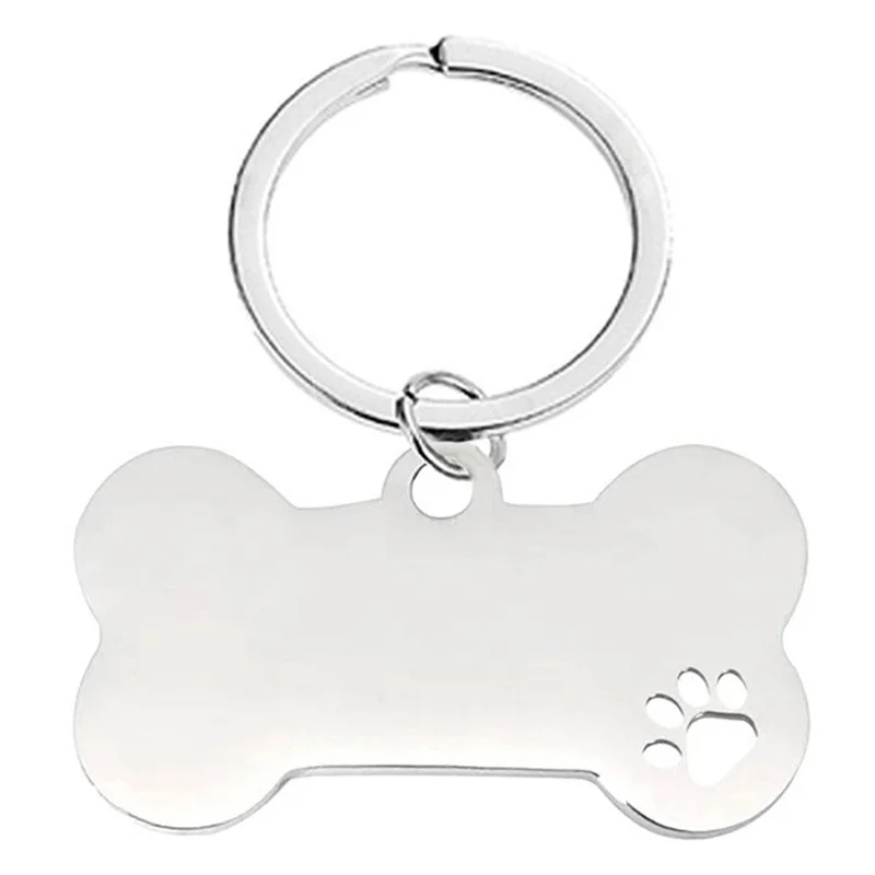 Dog Bone Shape Metal Keychain with Hollow Paw Pattern Engraved Key Ring - Silver