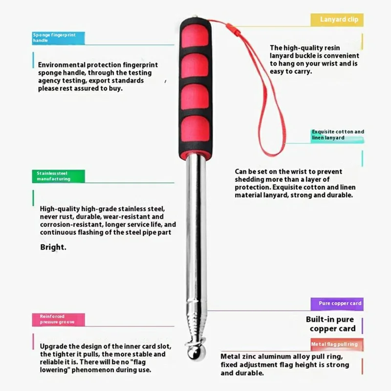 200cm 9 Sections Extendable Guide Flag Pole Stainless Steel Telescopic Flagpole Handheld Teaching Stick - Red