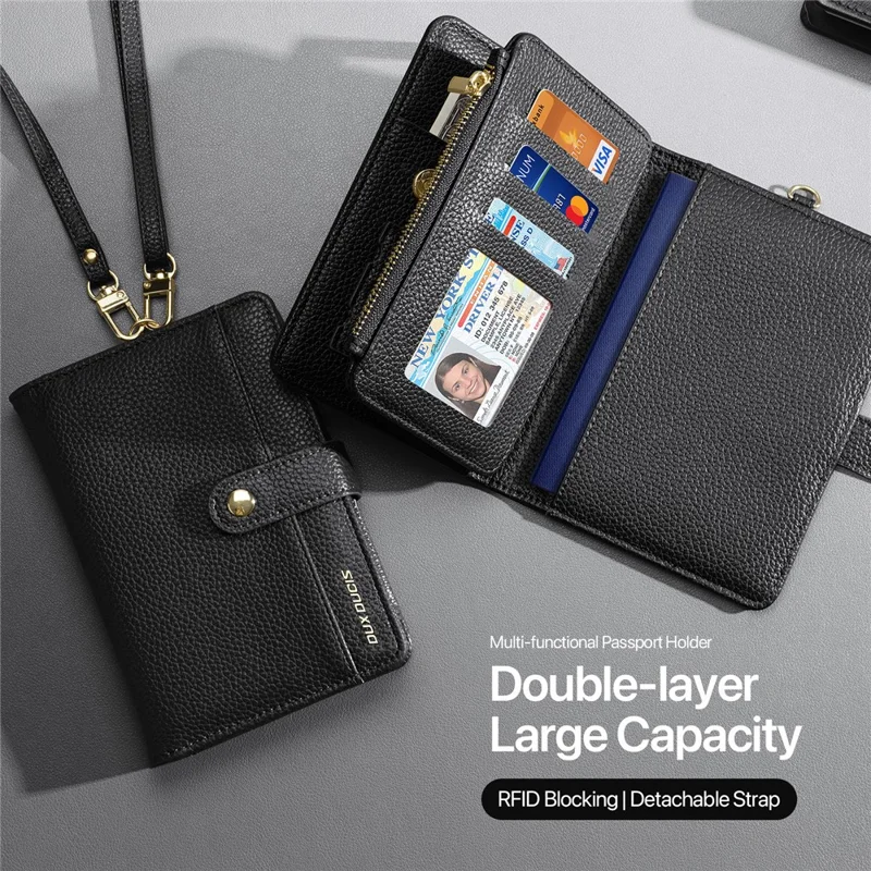 DUX DUCIS Wallet Multi Card Passport Holder with Lanyard PU Leather RFID Blocking Travel Organizer - Black