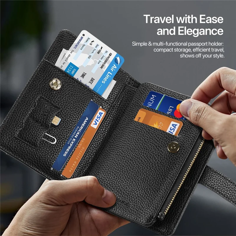 DUX DUCIS Wallet Multi Card Passport Holder with Lanyard PU Leather RFID Blocking Travel Organizer - Black