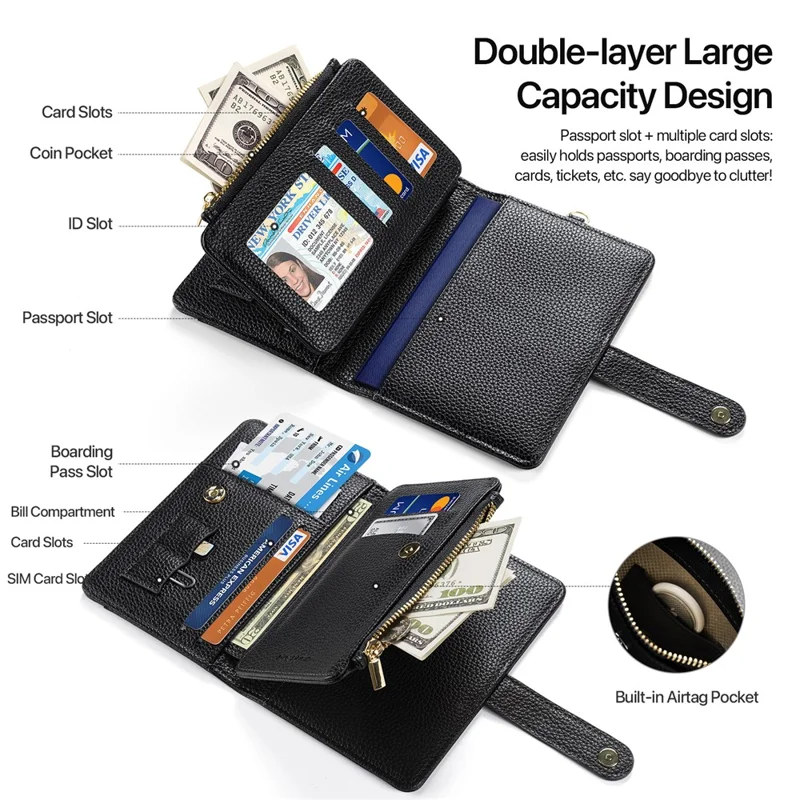 DUX DUCIS Wallet Multi Card Passport Holder with Lanyard PU Leather RFID Blocking Travel Organizer - Black