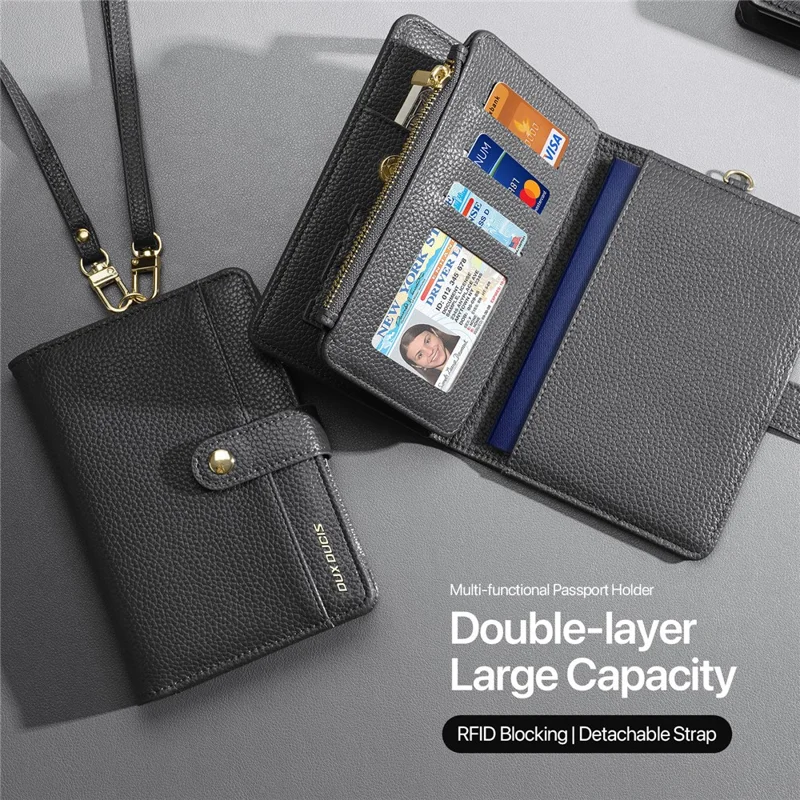 DUX DUCIS Wallet Multi Card Passport Holder with Lanyard PU Leather RFID Blocking Travel Organizer - Light Grey