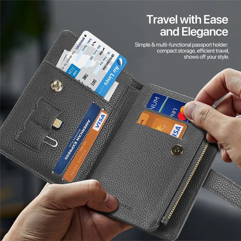 DUX DUCIS Wallet Multi Card Passport Holder with Lanyard PU Leather RFID Blocking Travel Organizer - Light Grey
