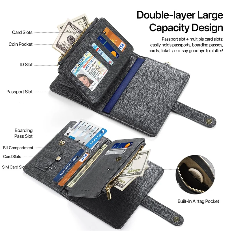 DUX DUCIS Wallet Multi Card Passport Holder with Lanyard PU Leather RFID Blocking Travel Organizer - Light Grey